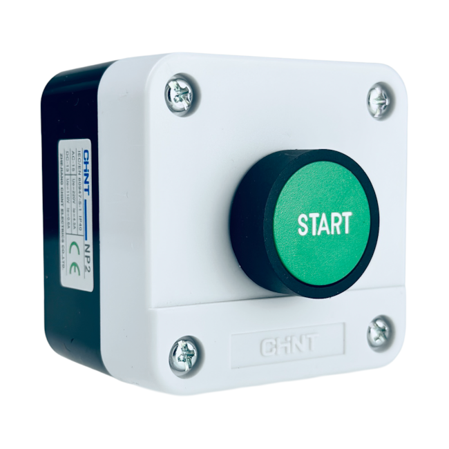 Caixa Cinza com Botão Verde com símbolo de START 1NO Caixa Cinza com Botão Verde com símbolo de START 1NO