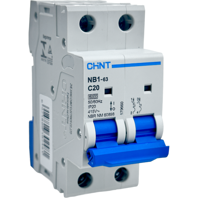 Mini Disjuntor Bipolar Chint 20A NB1-63 2P C20 6kA DB Mini Disjuntor Bipolar Chint 20A NB1-63 2P C20 6kA DB