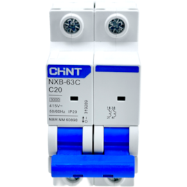 Mini Disjuntor Bipolar Chint 20A NXB-63C 2P C20 3kA