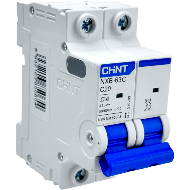 Mini Disjuntor Bipolar Chint 20A NXB-63C 2P C20 3kA