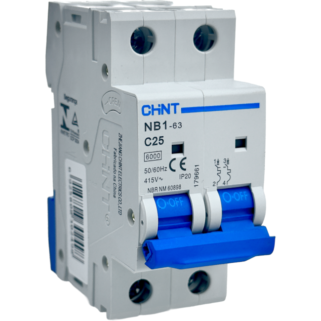 Mini Disjuntor Bipolar Chint 25A NB1-63 2P C25 6kA DB Mini Disjuntor Bipolar Chint 25A NB1-63 2P C25 6kA DB