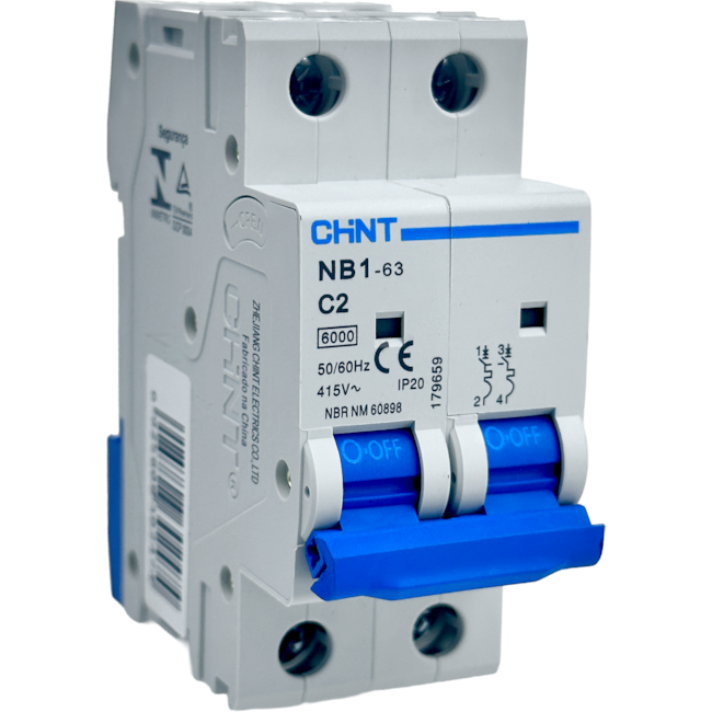 Mini Disjuntor Bipolar Chint 2A NB1-63 2P C2 6kA DB Mini Disjuntor Bipolar Chint 2A NB1-63 2P C2 6kA DB