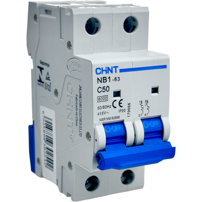 Mini Disjuntor Bipolar Chint 50A NB1-63 2P C50 6kA DB Mini Disjuntor Bipolar Chint 50A NB1-63 2P C50 6kA DB