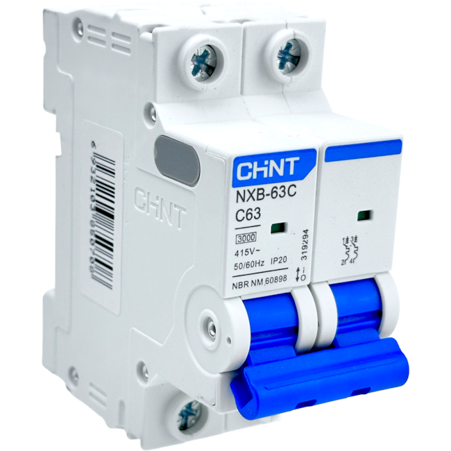 Mini Disjuntor Bipolar Chint 63A NXB-63C 2P C63 3kA