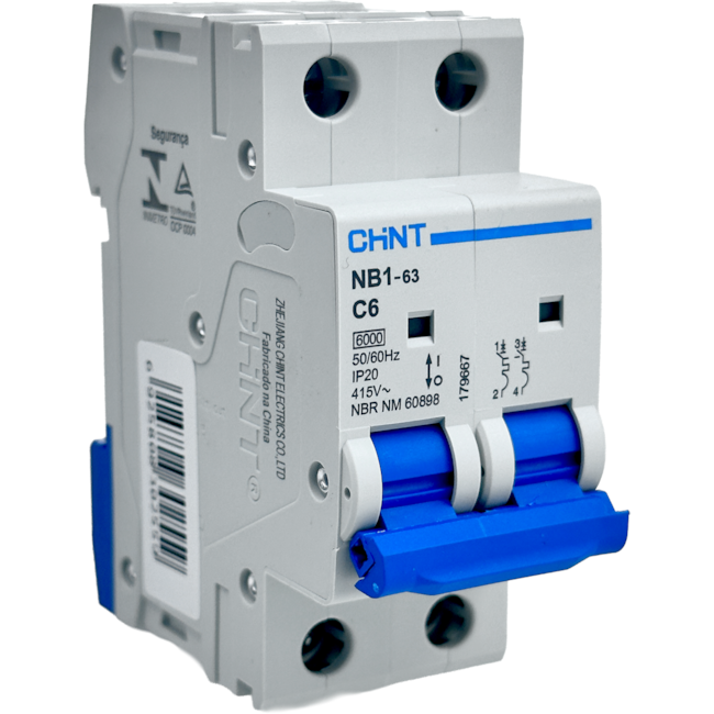 Mini Disjuntor Bipolar Chint 6A NB1-63 2P C6 6kA DB Mini Disjuntor Bipolar Chint 6A NB1-63 2P C6 6kA DB
