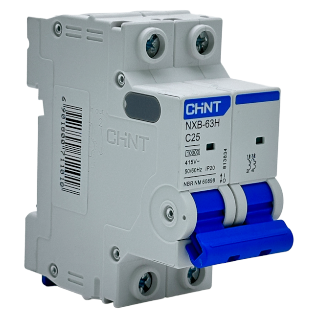Mini Disjuntor Bipolar Chint NXB-63H 2P Curva C 25A 10kA Mini Disjuntor Bipolar Chint NXB-63H 2P Curva C 25A 10kA