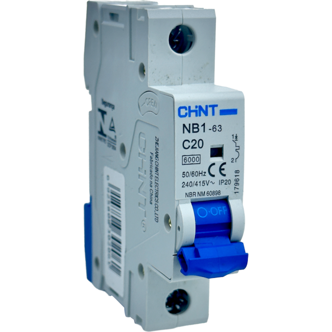 Mini Disjuntor Monopolar Chint 20A NB1-63 1P C20 6kA DB Mini Disjuntor Monopolar Chint 20A NB1-63 1P C20 6kA DB