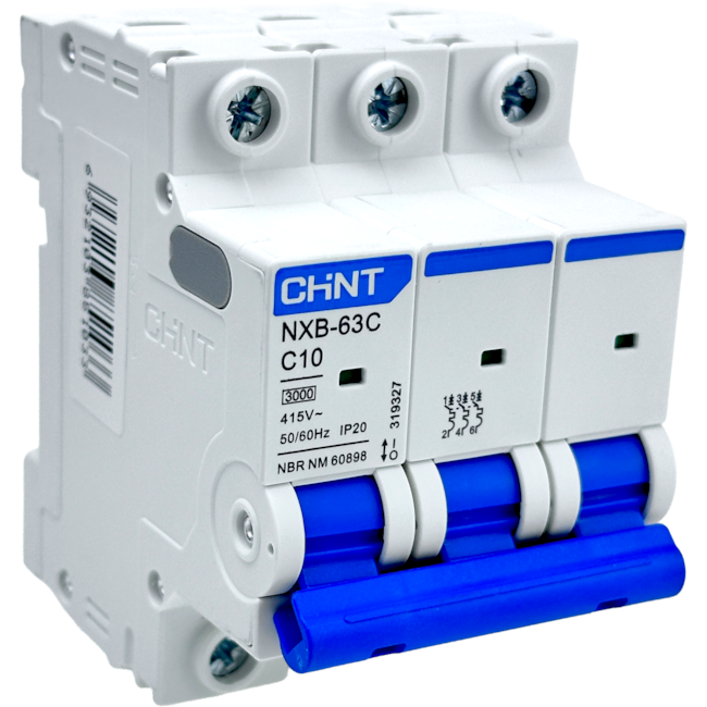 Mini Disjuntor Tripolar Chint 10A NXB-63C 3P C10 3KA Mini Disjuntor Tripolar Chint 10A NXB-63C 3P C10 3KA
