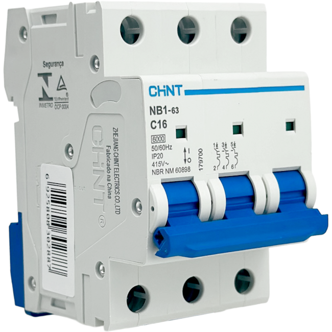 Mini Disjuntor Tripolar Chint 16A NB1-63 3P C16 6kA DB Mini Disjuntor Tripolar Chint 16A NB1-63 3P C16 6kA DB