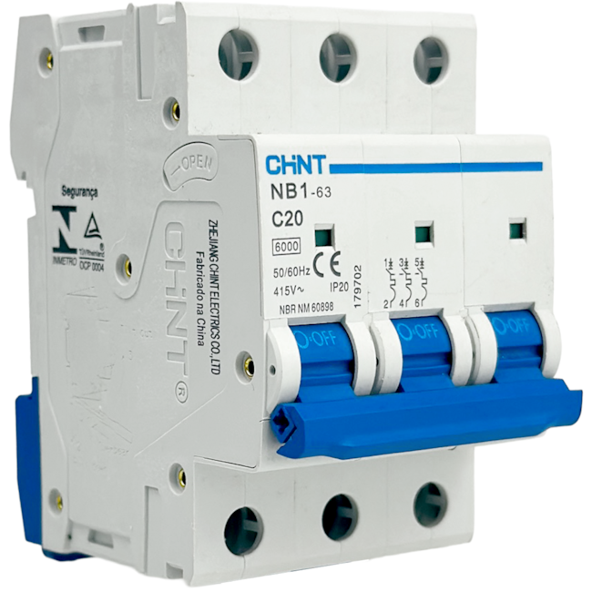 Mini Disjuntor Tripolar Chint 20A NB1-63 3P C20 6kA DB Mini Disjuntor Tripolar Chint 20A NB1-63 3P C20 6kA DB