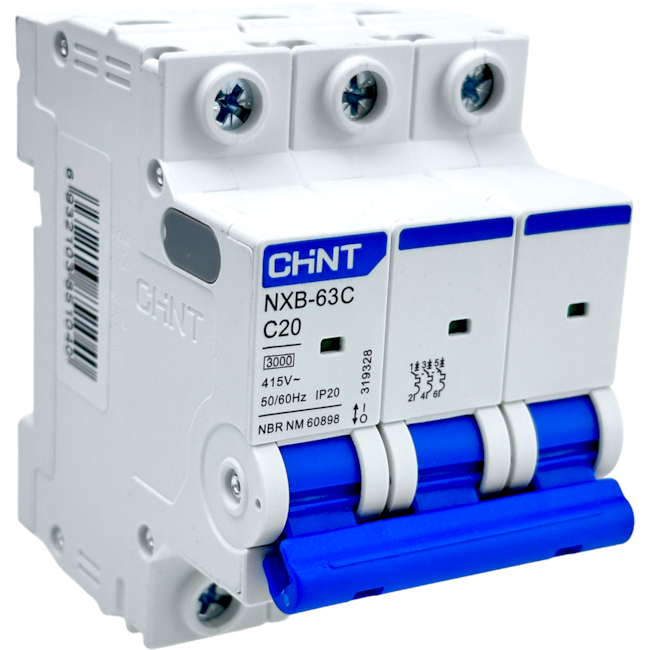 Mini Disjuntor Tripolar Chint 20A NXB-63C 3P C20 3KA Mini Disjuntor Tripolar Chint 20A NXB-63C 3P C20 3KA