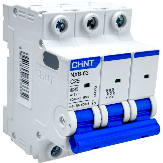 Mini Disjuntor Tripolar Chint 25A NXB-63 3P C25 6KA Mini Disjuntor Tripolar Chint 25A NXB-63 3P C25 6KA