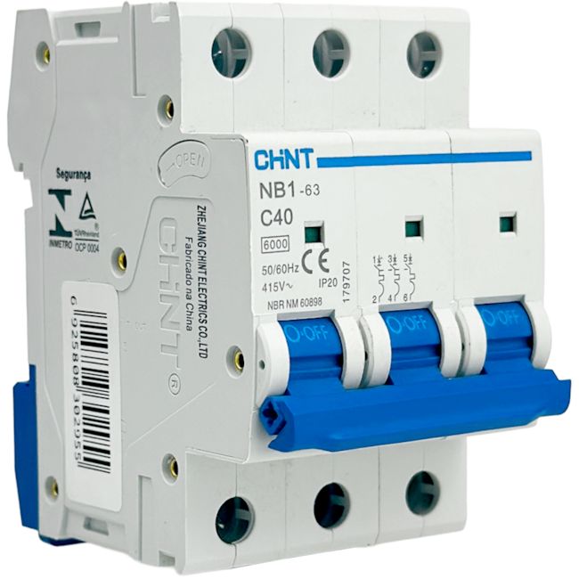 Mini Disjuntor Tripolar Chint 40A NB1-63 3P C40 6kA DB Mini Disjuntor Tripolar Chint 40A NB1-63 3P C40 6kA DB