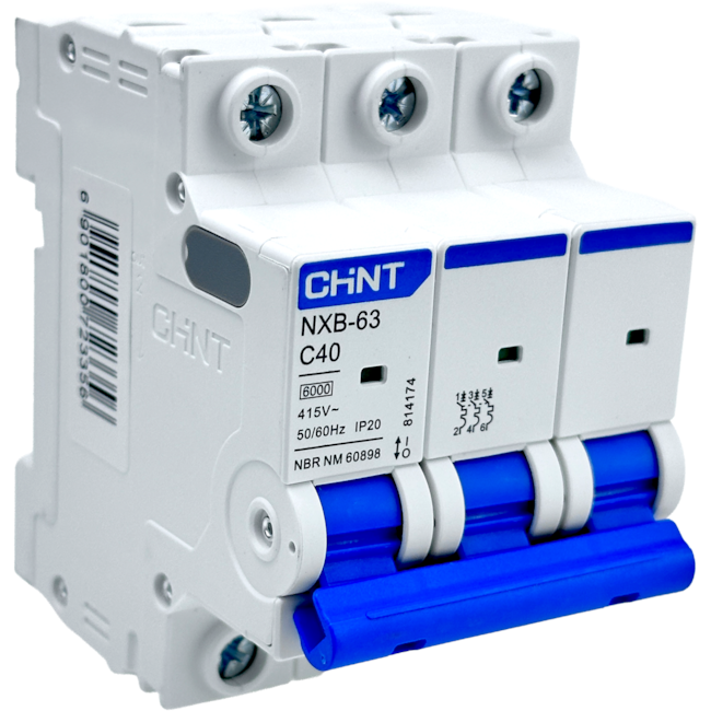 Mini Disjuntor Tripolar Chint 40A NXB-63 3P C40 6KA Mini Disjuntor Tripolar Chint 40A NXB-63 3P C40 6KA