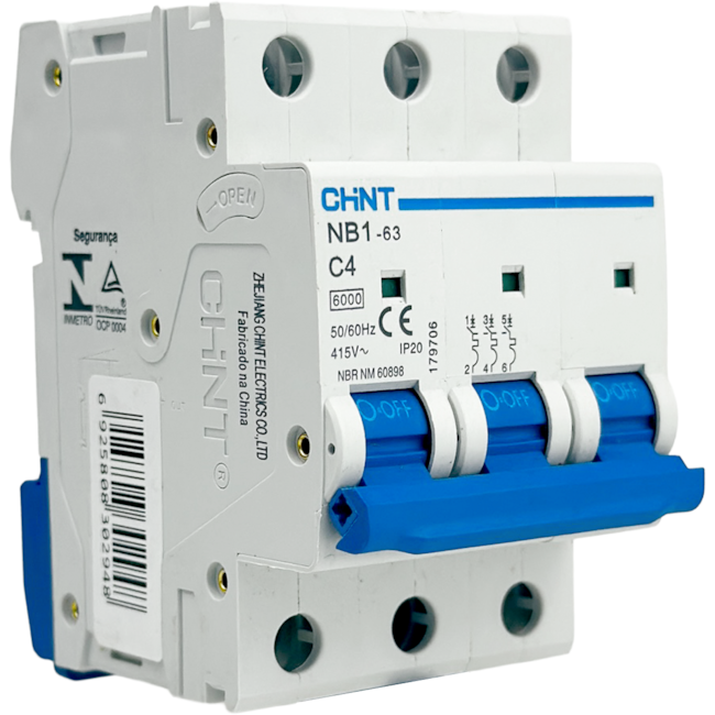 Mini Disjuntor Tripolar Chint 4A NB1-63 3P C4 6kA DB Mini Disjuntor Tripolar Chint 4A NB1-63 3P C4 6kA DB