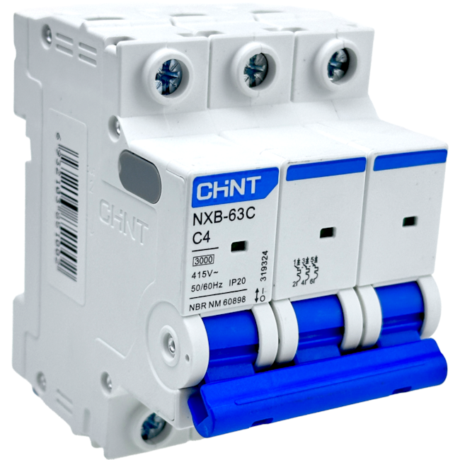 Mini Disjuntor Tripolar Chint 4A NXB-63C 3P C4 3KA Mini Disjuntor Tripolar Chint 4A NXB-63C 3P C4 3KA