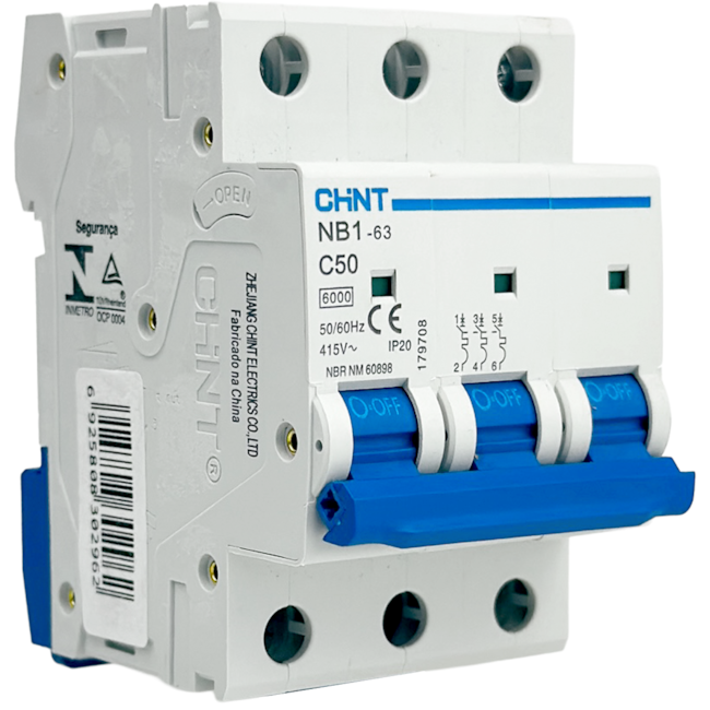Mini Disjuntor Tripolar Chint 50A NB1-63 3P C50 6kA DB Mini Disjuntor Tripolar Chint 50A NB1-63 3P C50 6kA DB