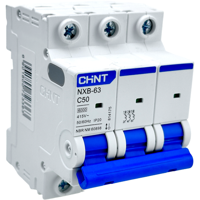 Mini Disjuntor Tripolar Chint 50A NXB-63 3P C50 6KA Mini Disjuntor Tripolar Chint 50A NXB-63 3P C50 6KA