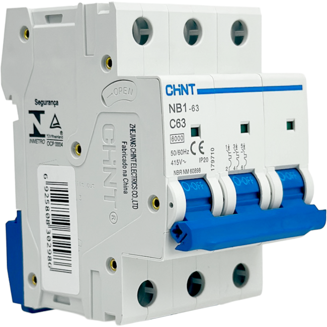 Mini Disjuntor Tripolar Chint 63A NB1-63 3P C63 6kA DB Mini Disjuntor Tripolar Chint 63A NB1-63 3P C63 6kA DB