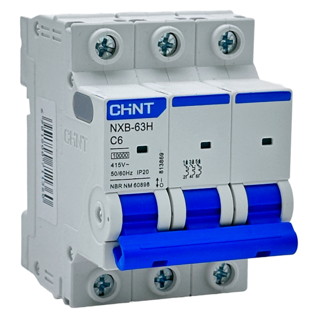 Mini Disjuntor Tripolar Chint NXB-63H 3P Curva C 6A 10kA Mini Disjuntor Tripolar Chint NXB-63H 3P Curva C 6A 10kA